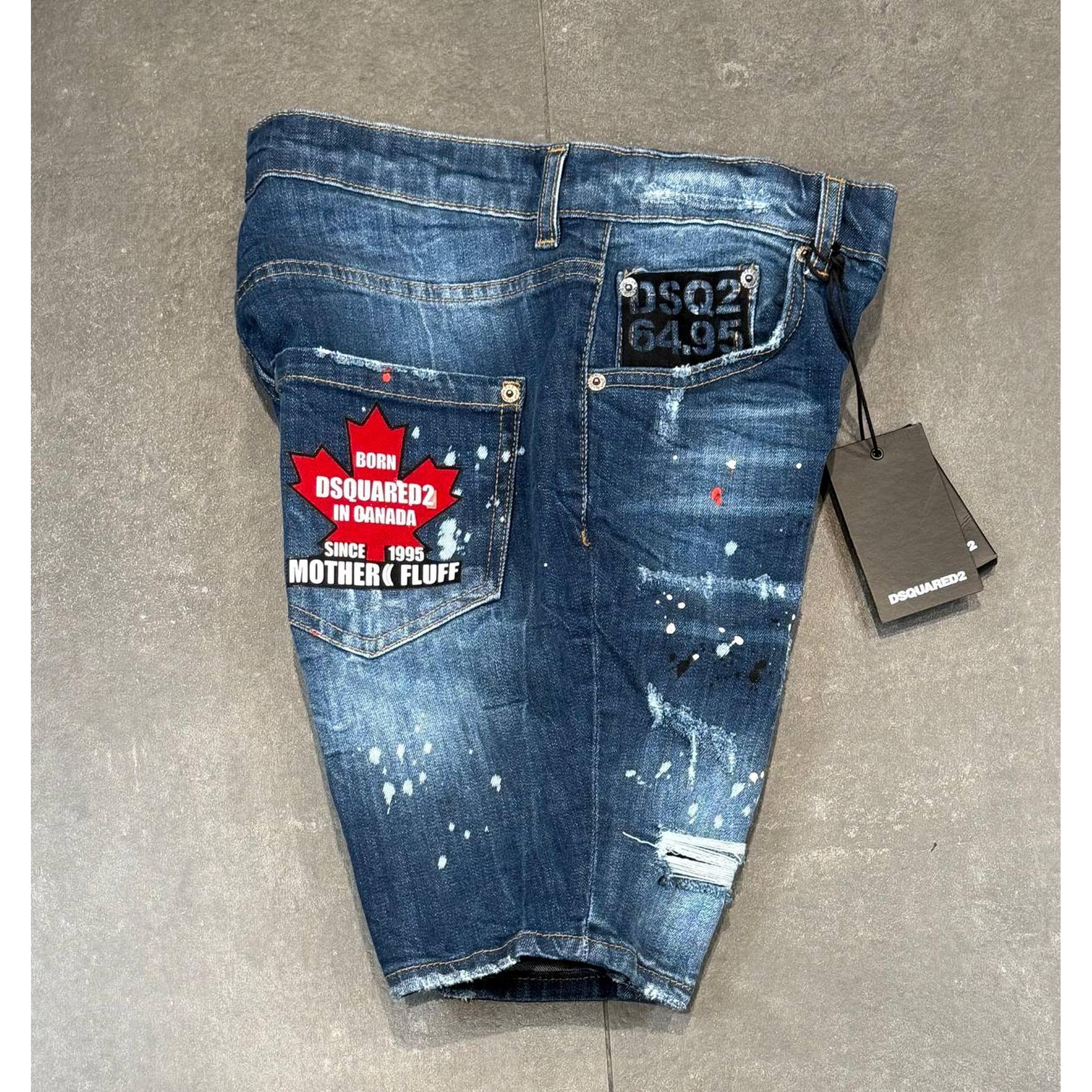 Blue Ripped Shorts with Red Logo