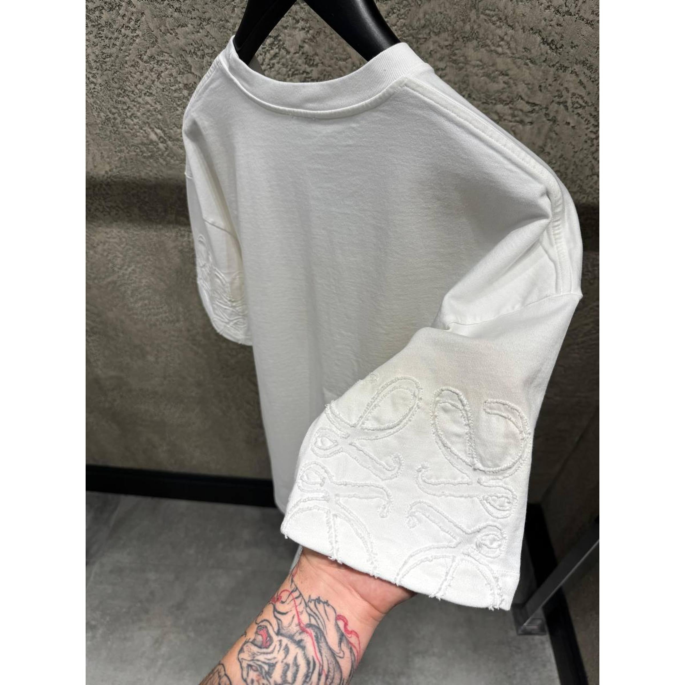 White Cotton Oversized T-shirt with Embroidered Sleeves Logos