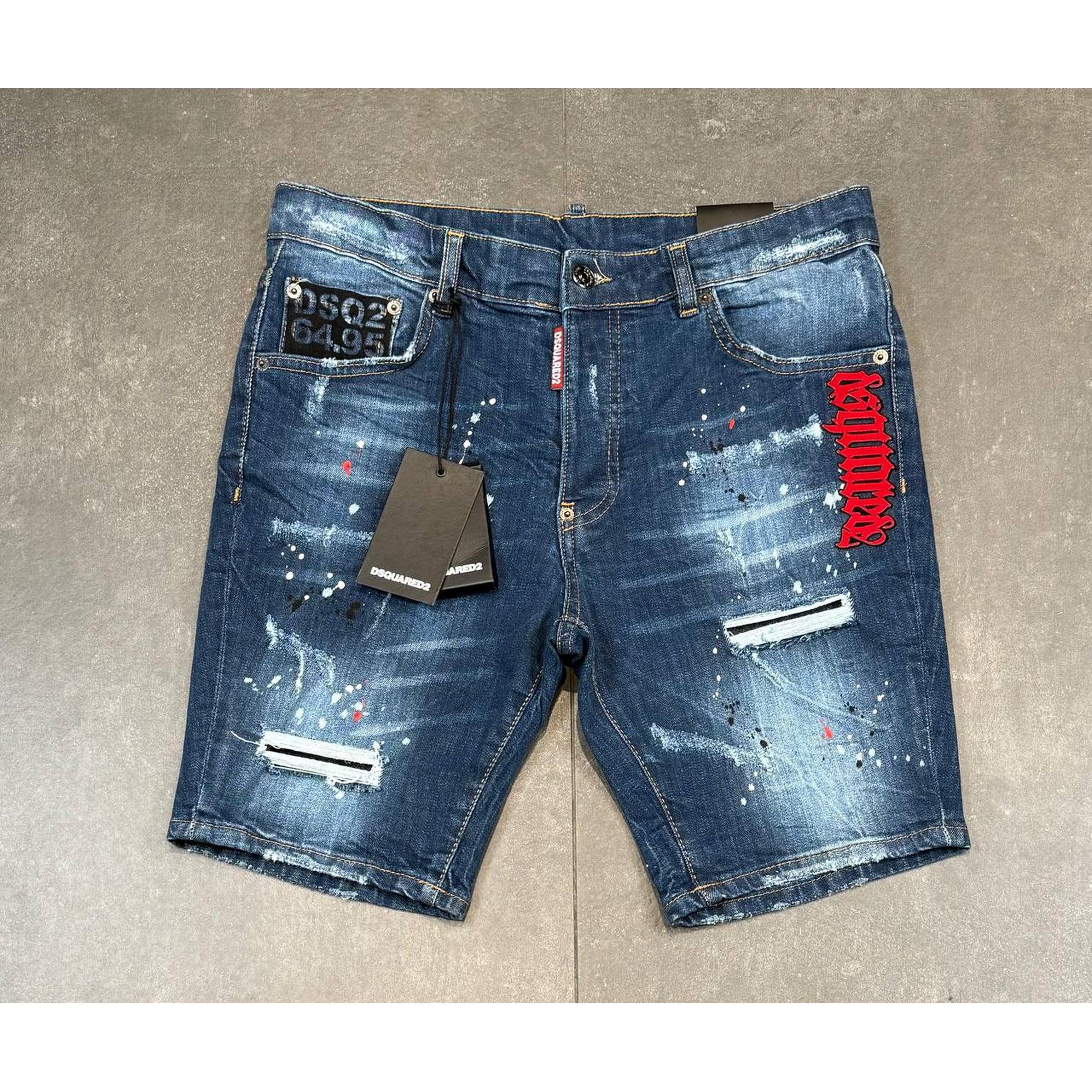 Blue Ripped Shorts with Red Logo