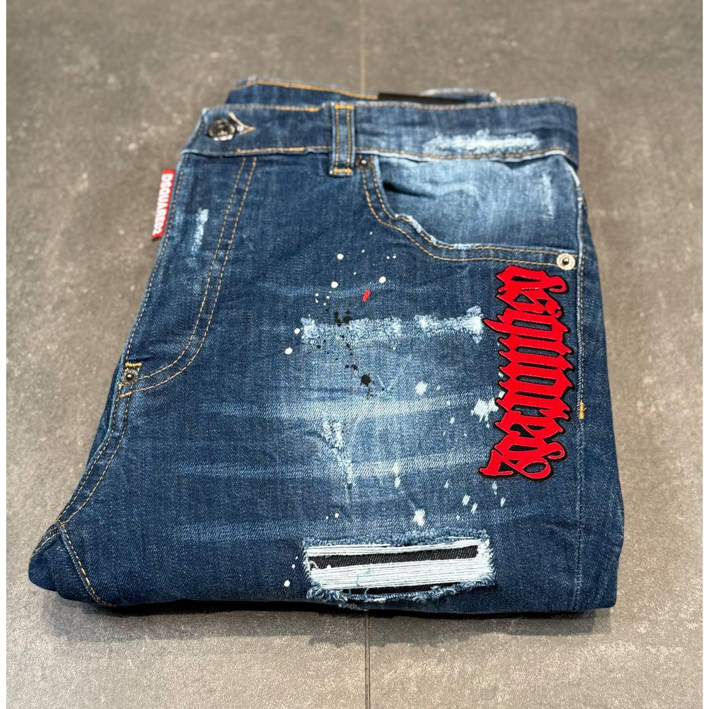 Blue Ripped Shorts with Red Logo