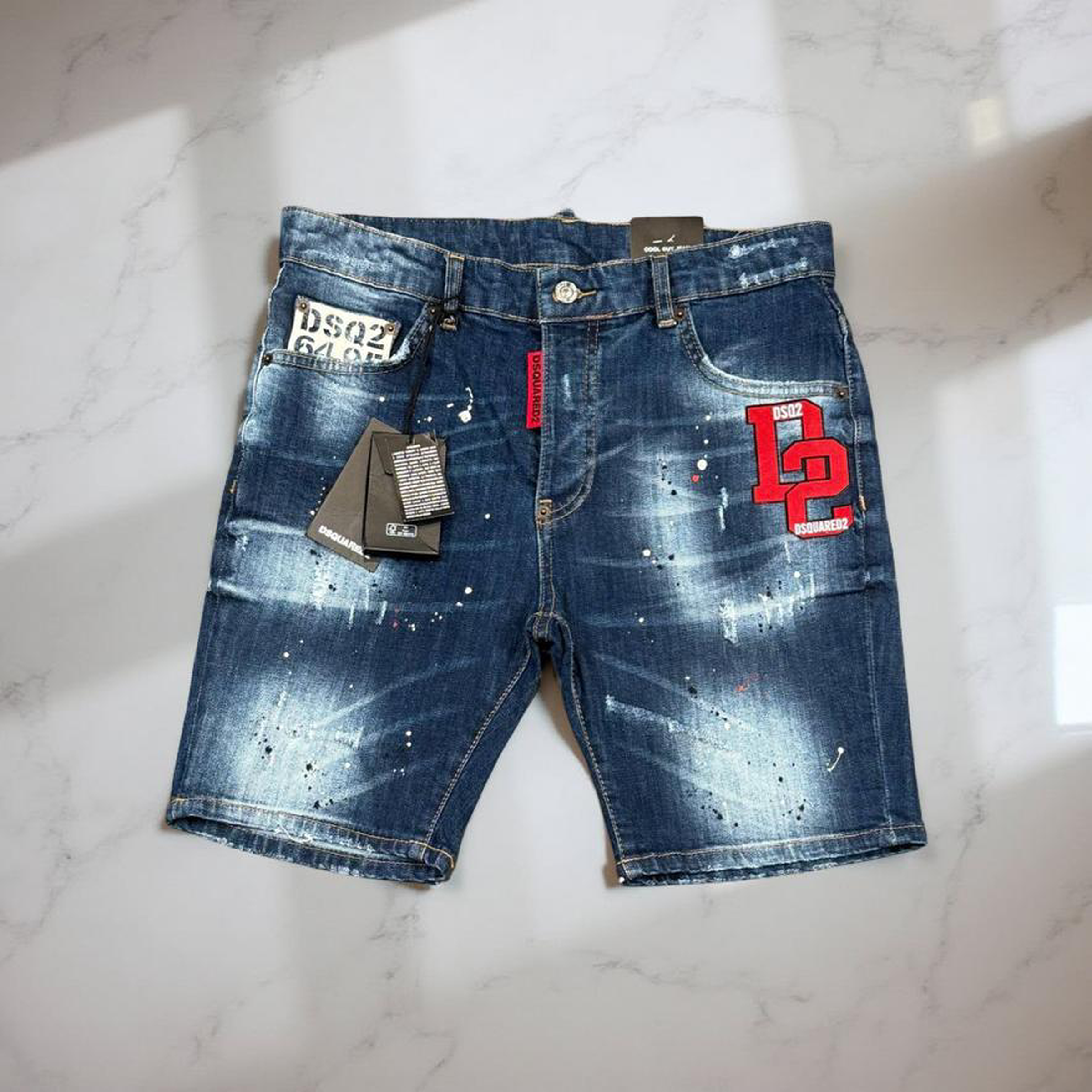 Blue Shorts with Red Logo