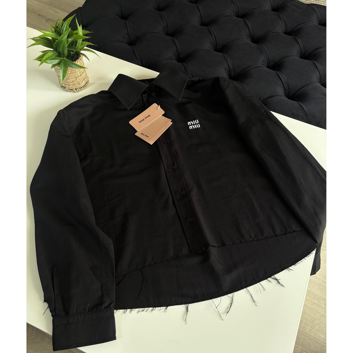Black Linen Women Shirt with Embroidered Logo