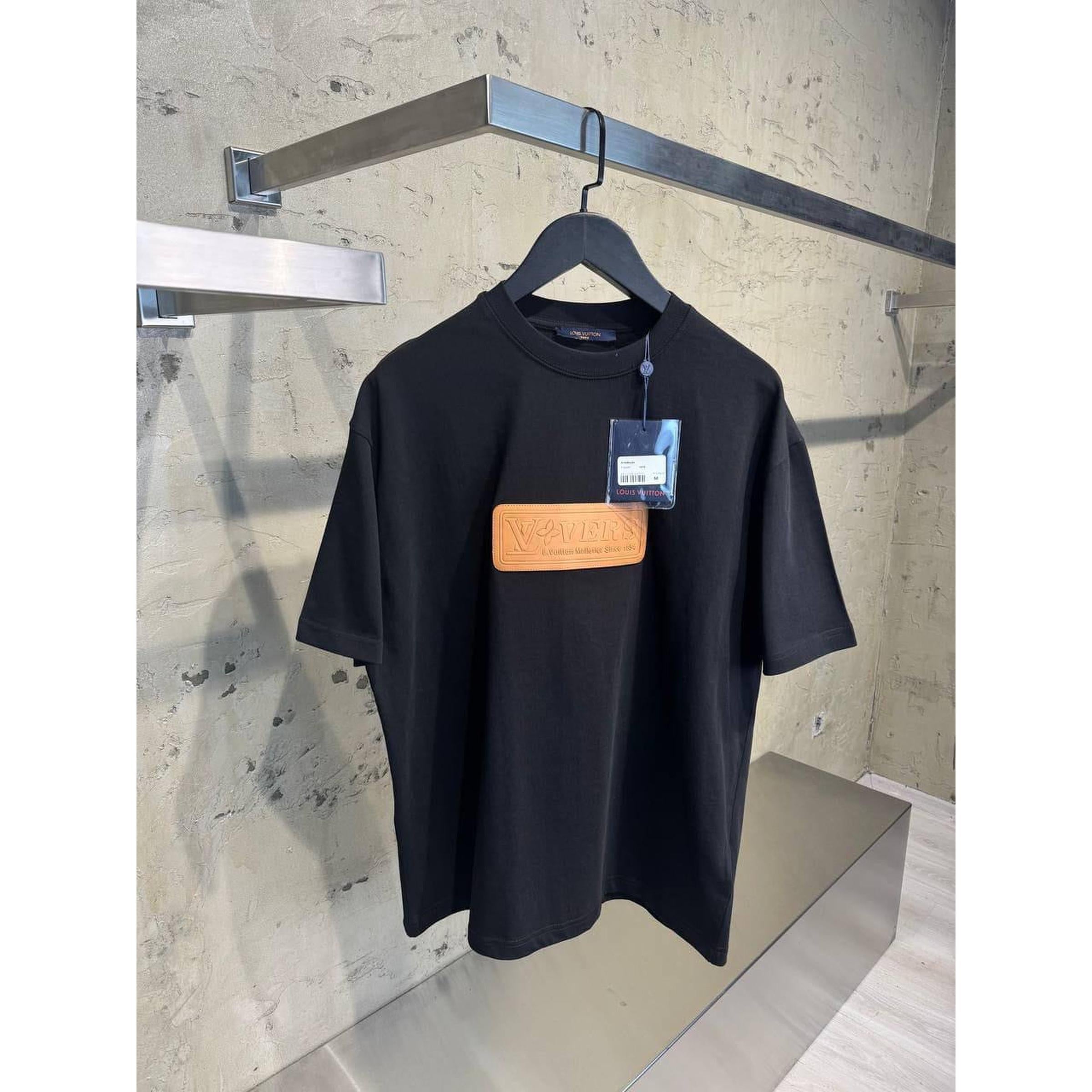 Black Oversized T-Shirt with Leather-like Emblem