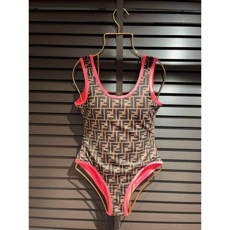 Brown Monogram Women Swimsuit with Pink Accents