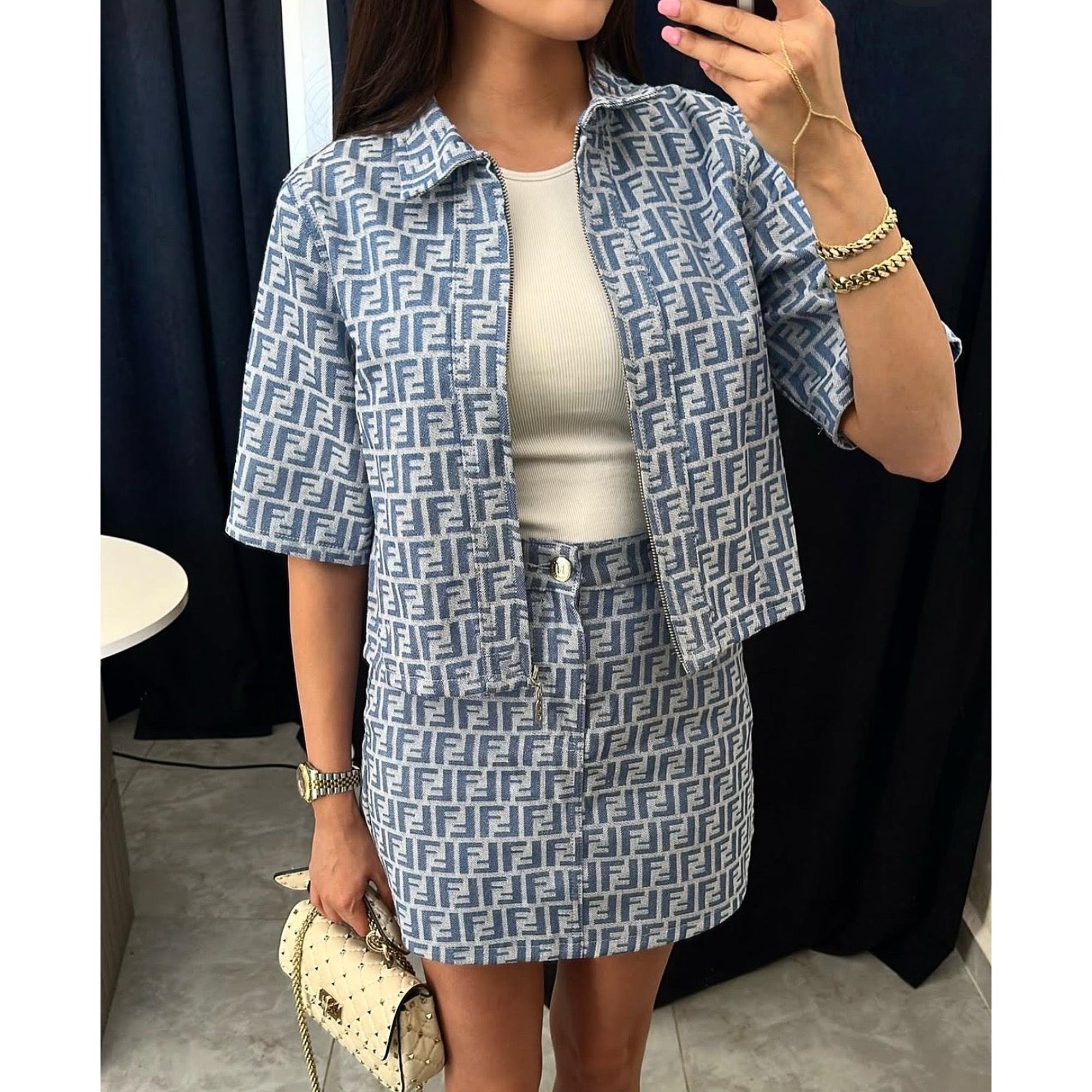 Blue Women Denim Monogram Set