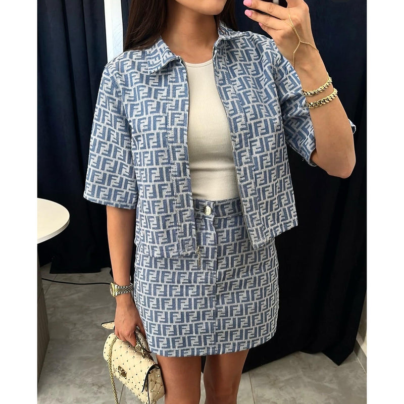 Blue Women Denim Monogram Set