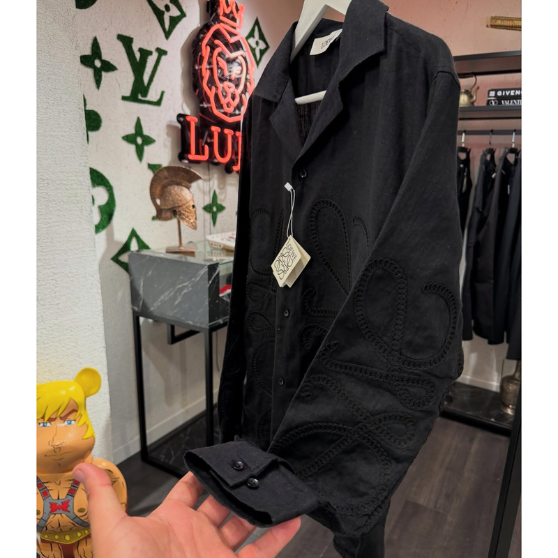 Black Linen Shirt with Textured Logos