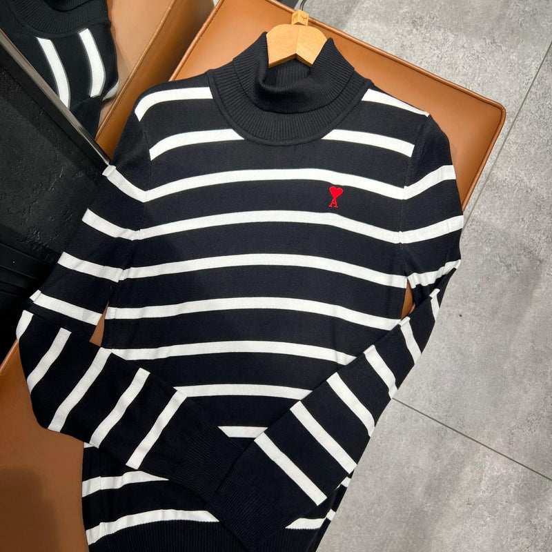 Black and White Women Knitted Polo Sweater