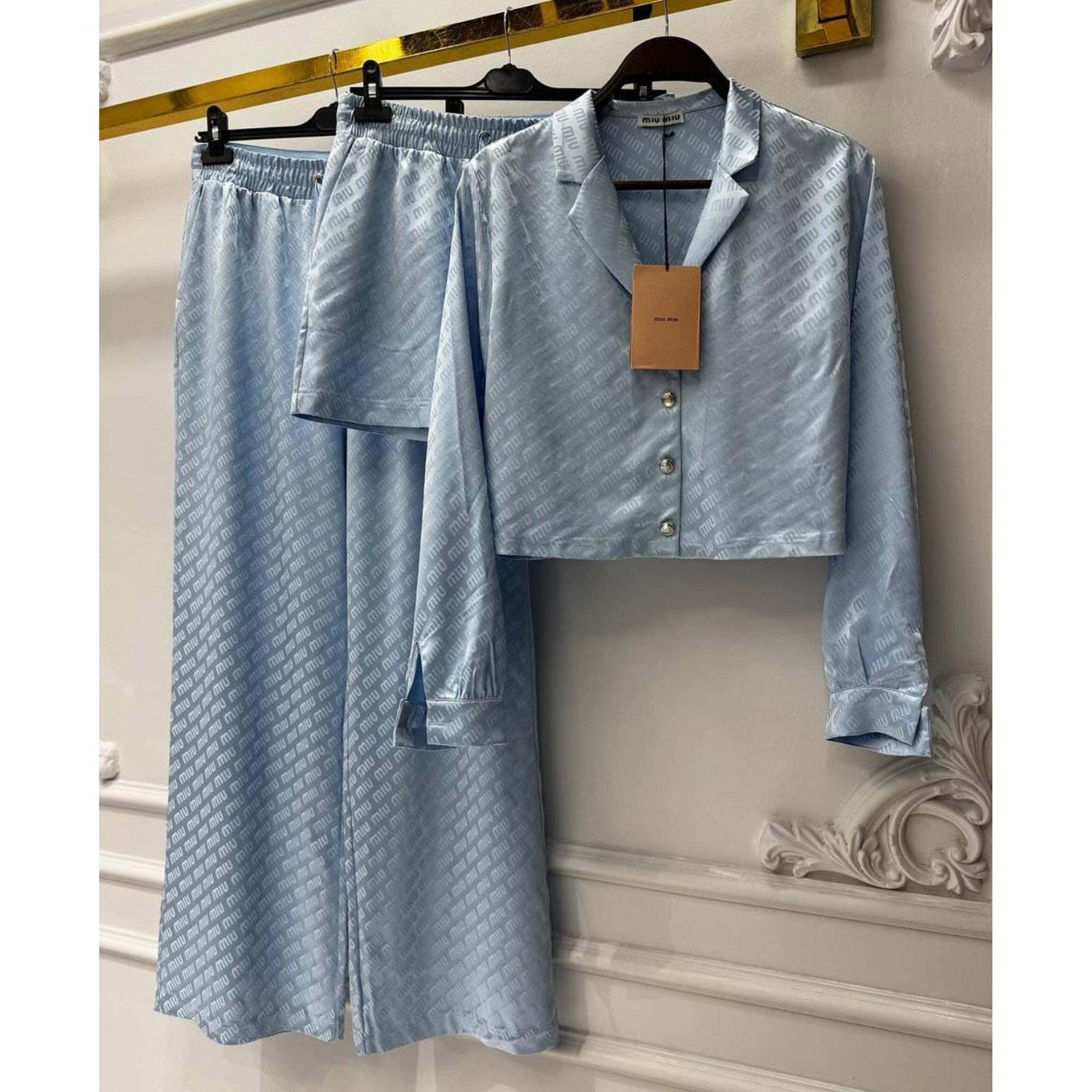 Light Blue Women Monogram Satin Set - Shirt with Long Pants