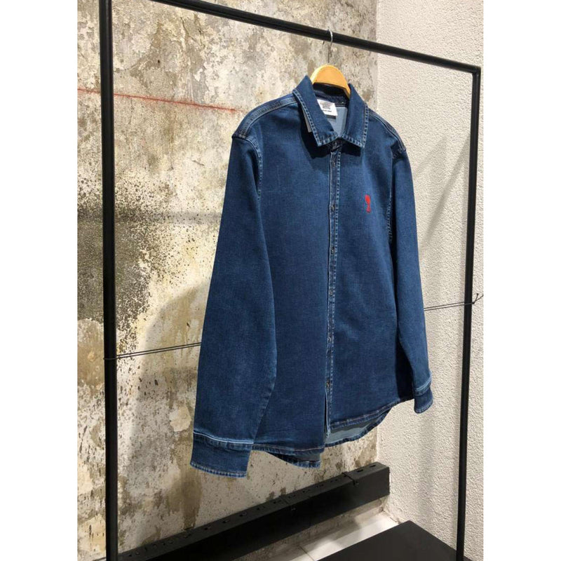 Dark Blue Denim Shirt with Embroidered Logo