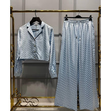 Light Blue Women Monogram Satin Set - Shirt with Long Pants