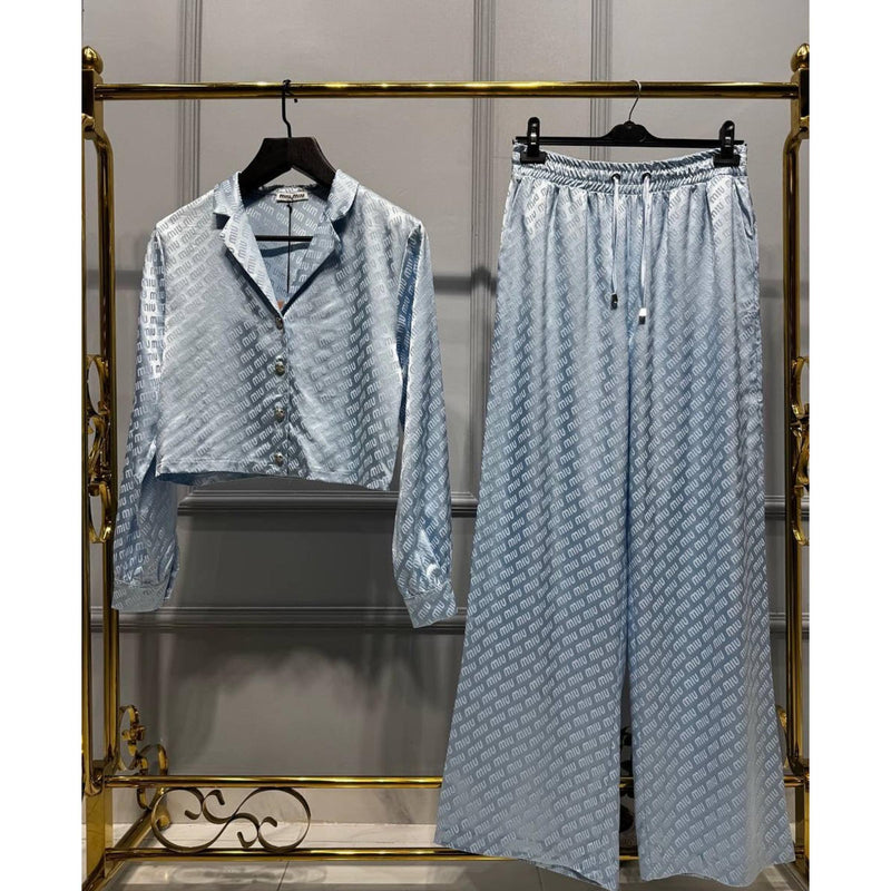 Light Blue Women Monogram Satin Set - Shirt with Long Pants