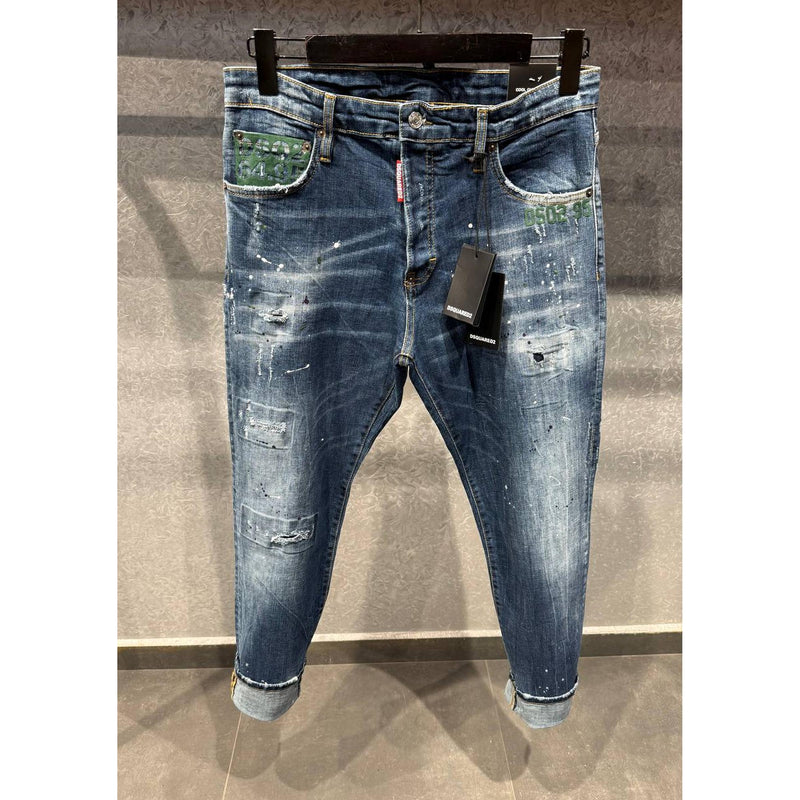 Blue Ripped Jeans with Green Elements