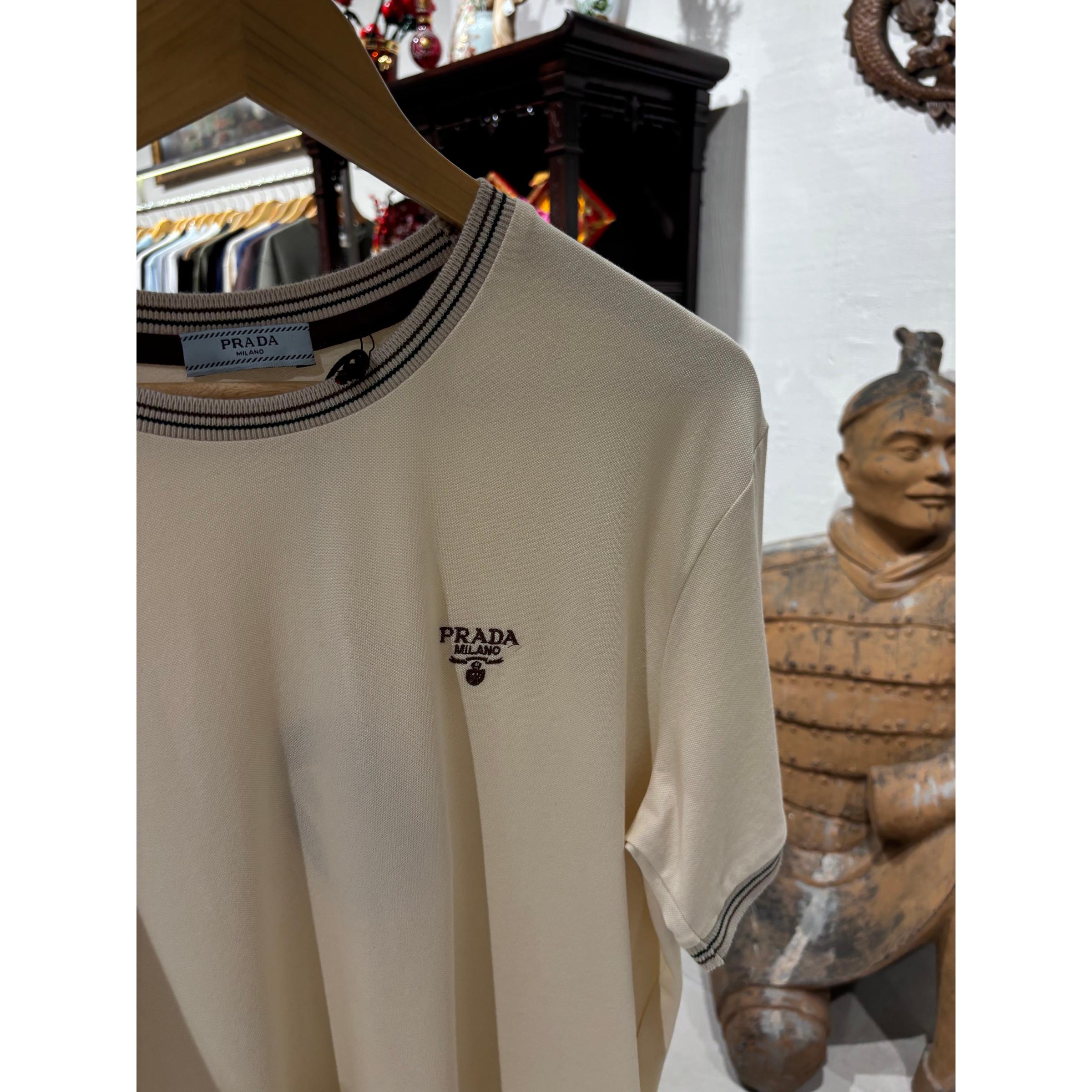 Cream Cotton T-shirt with Embroidered Logo
