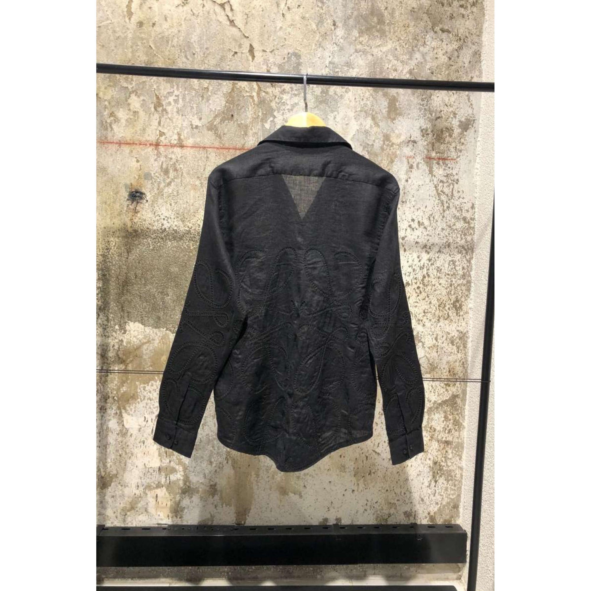 Black Linen Shirt with Textured Logos