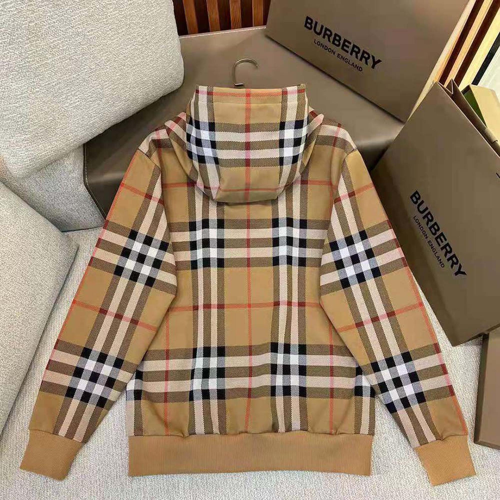 Beige Checkered Cotton Hoodie