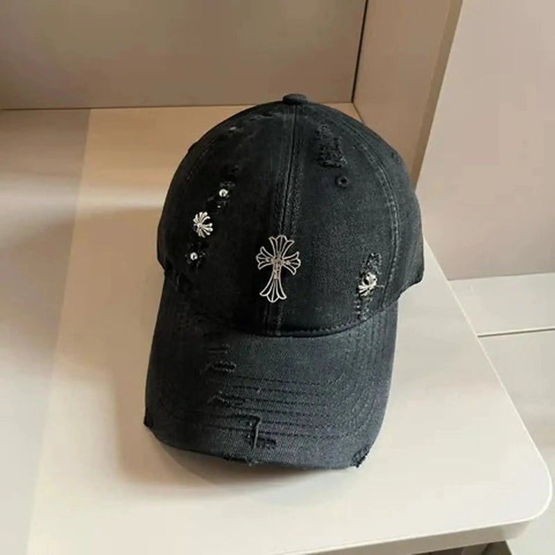Black Denim Cap with Metal Cross