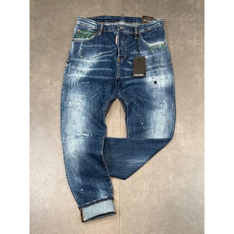 Blue Ripped Jeans with Green Elements