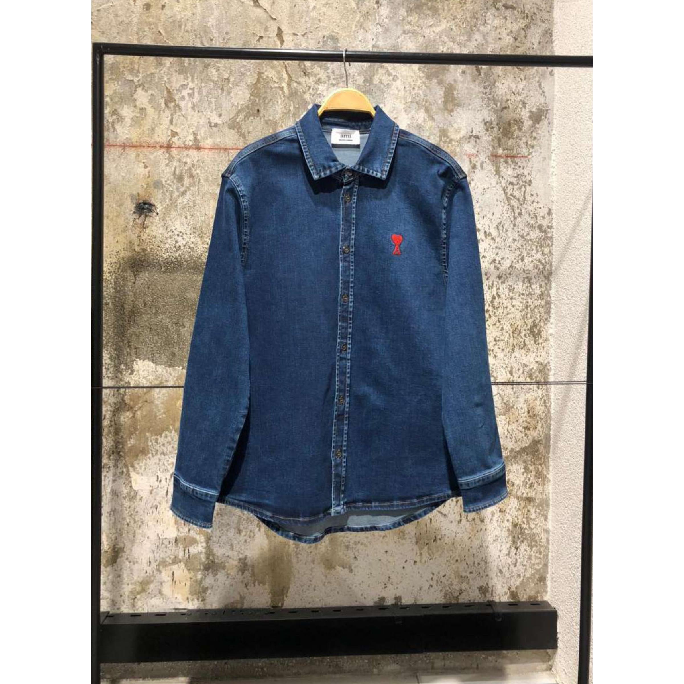 Dark Blue Denim Shirt with Embroidered Logo