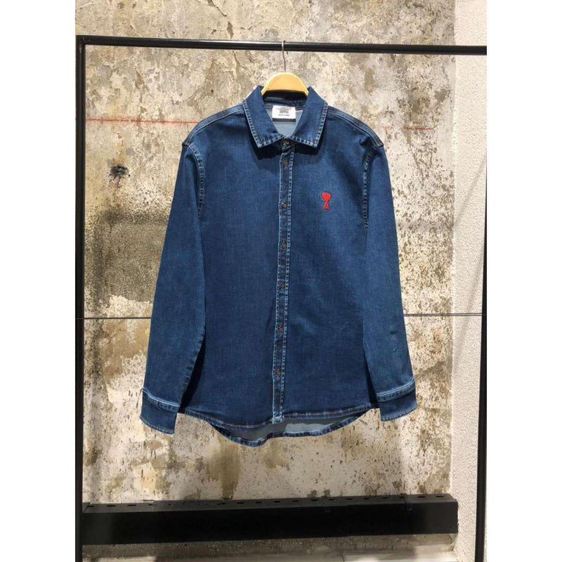 Dark Blue Denim Shirt with Embroidered Logo