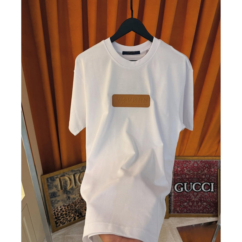 White Cotton T-shirt with Leather Logo