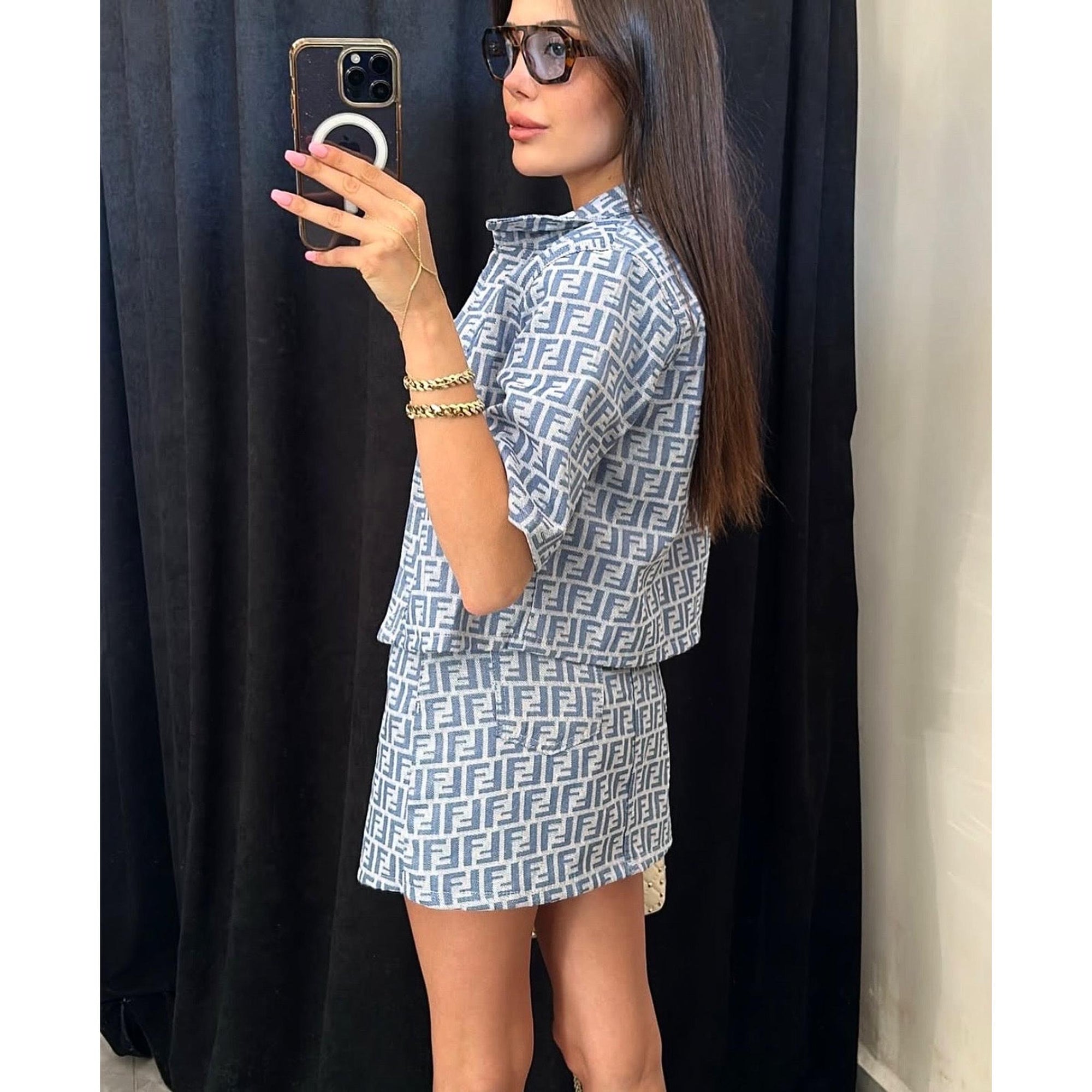 Blue Women Denim Monogram Set