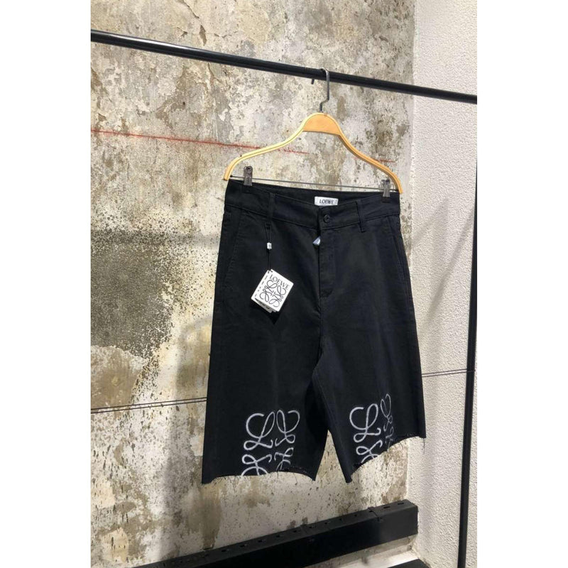 Black Denim Shorts with Embroidered Logo