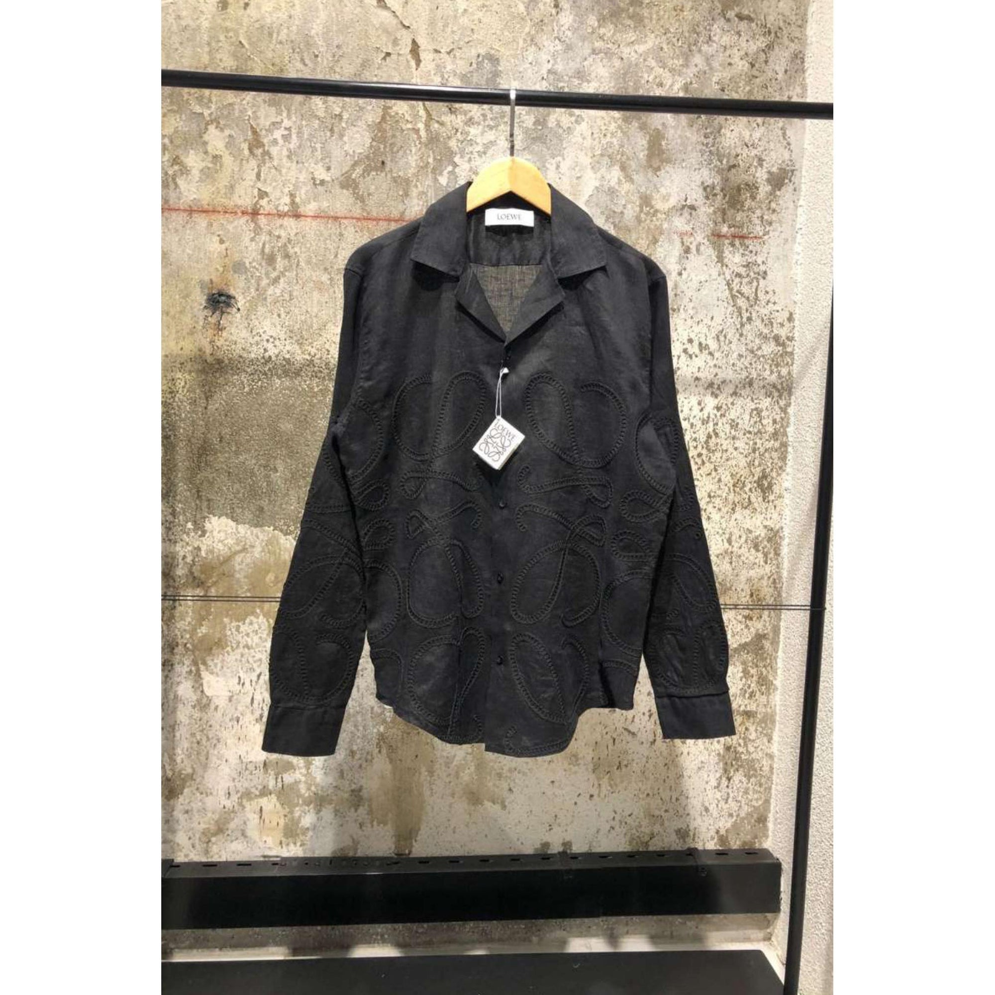 Black Linen Shirt with Textured Logos