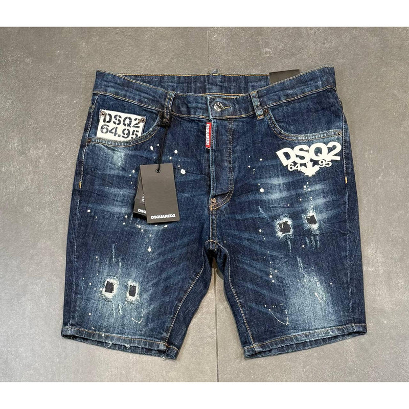 Blue Ripped Shorts with White Logo