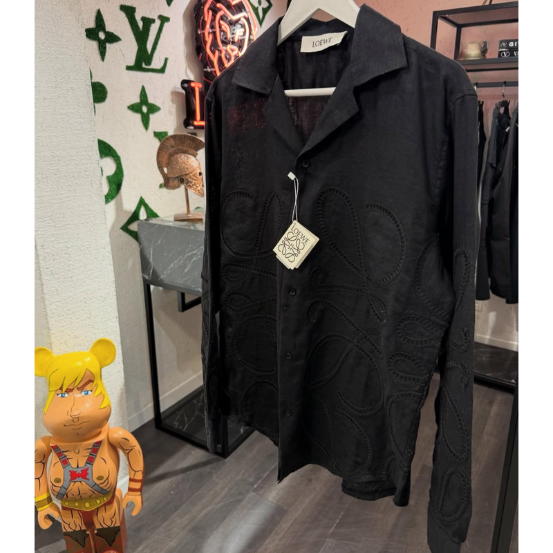Black Linen Shirt with Textured Logos