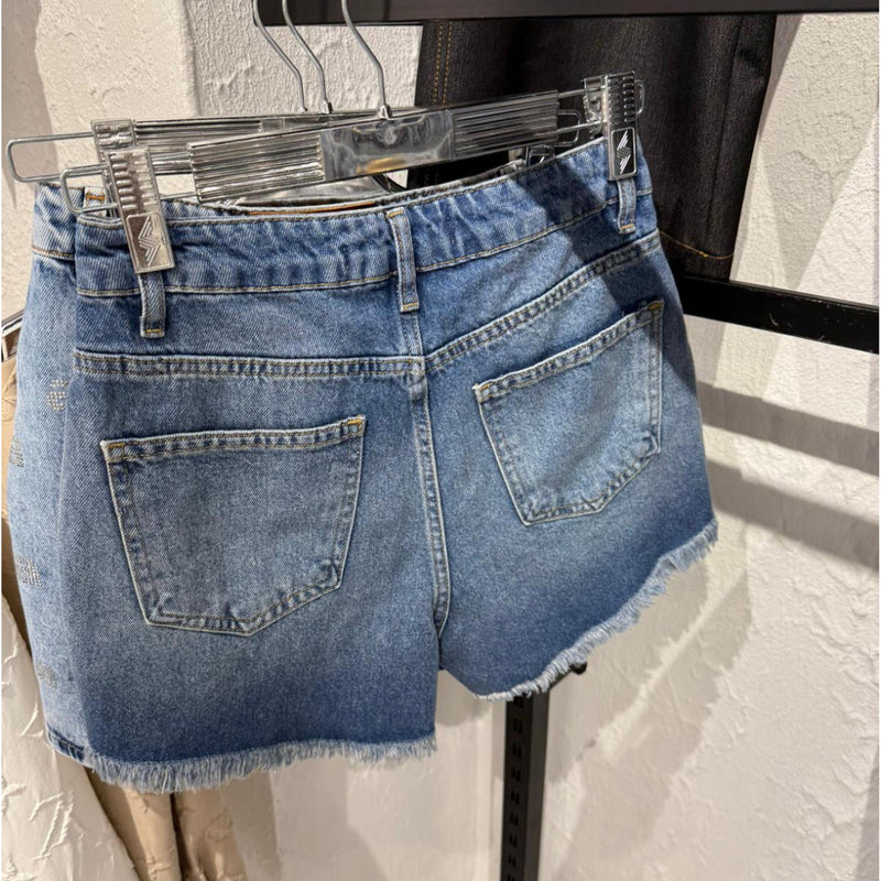 Blue Women Denim Ripped Shorts with Logo
