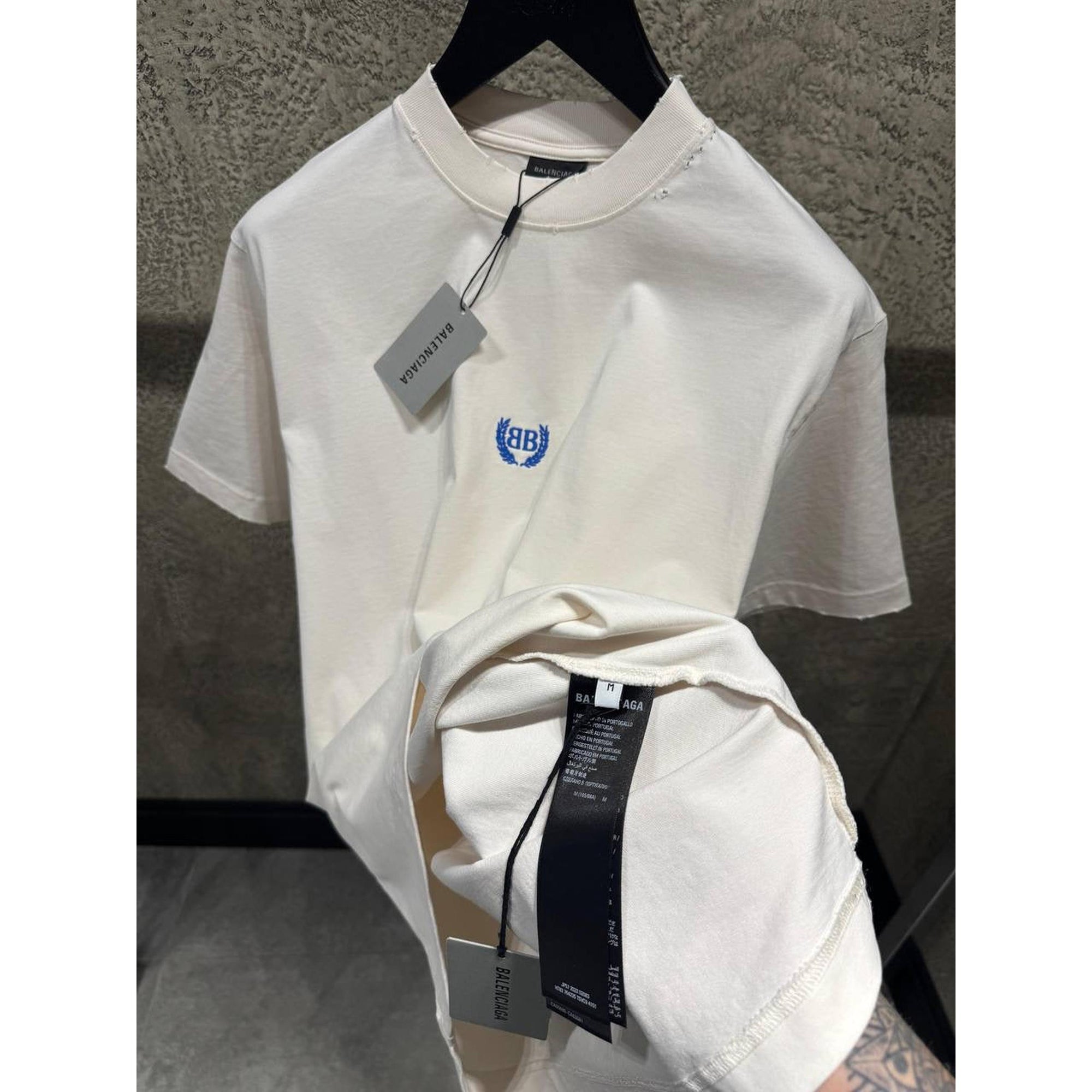 White Oversized T-Shirt with Small  Blue Logo