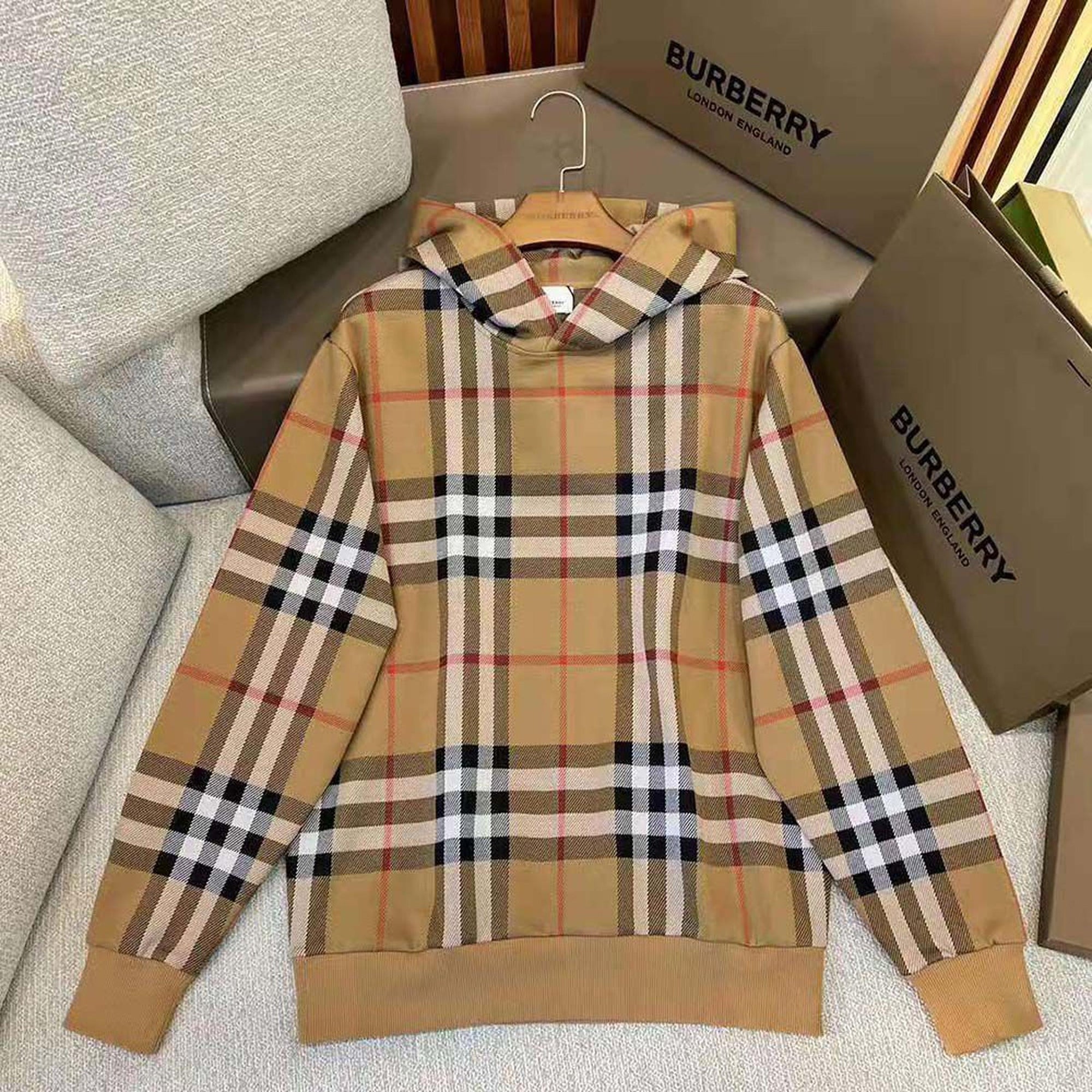 Beige Checkered Cotton Hoodie