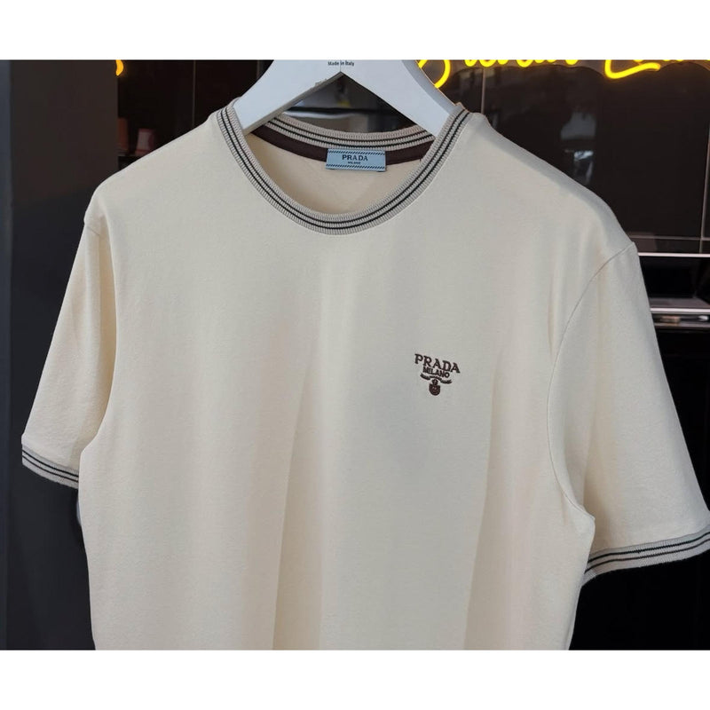 Cream Cotton T-shirt with Embroidered Logo