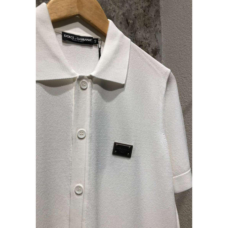 White Knitted Polo Shirt with Short Sleeves
