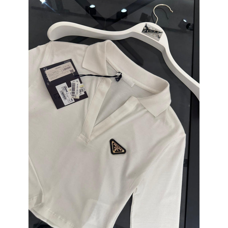 White Cotton Women Long Sleeve Crop