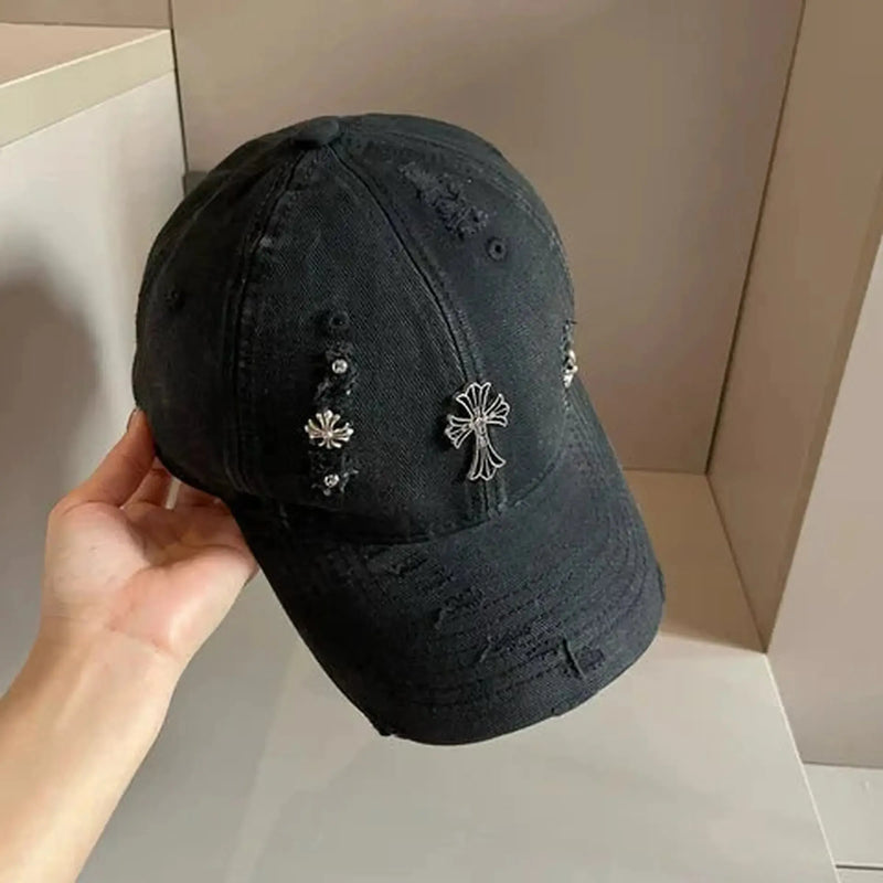 Black Denim Cap with Metal Cross