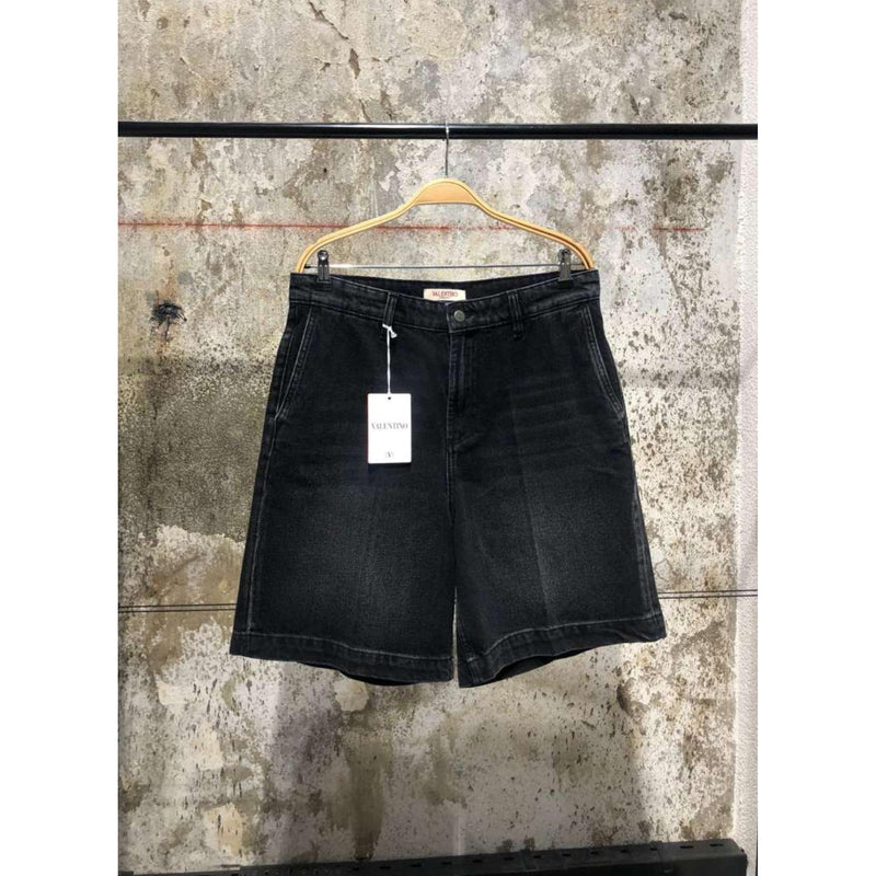 Black Denim Shorts with Metal Logo