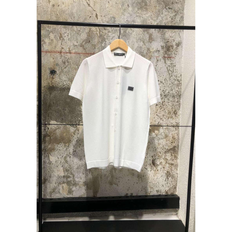 White Knitted Polo Shirt with Short Sleeves