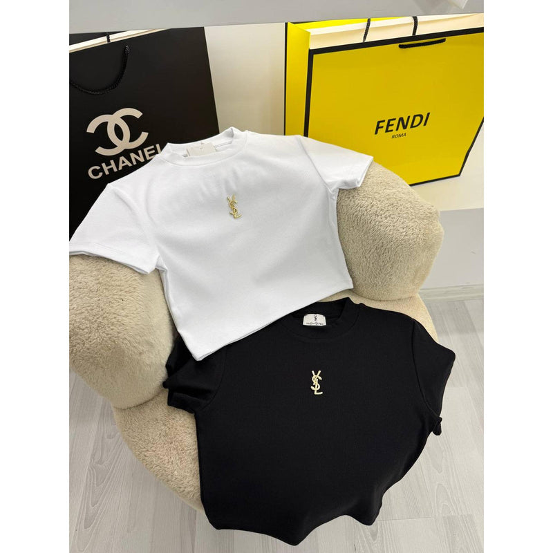 Black & White Women Crop T-shirt with Gold Logo