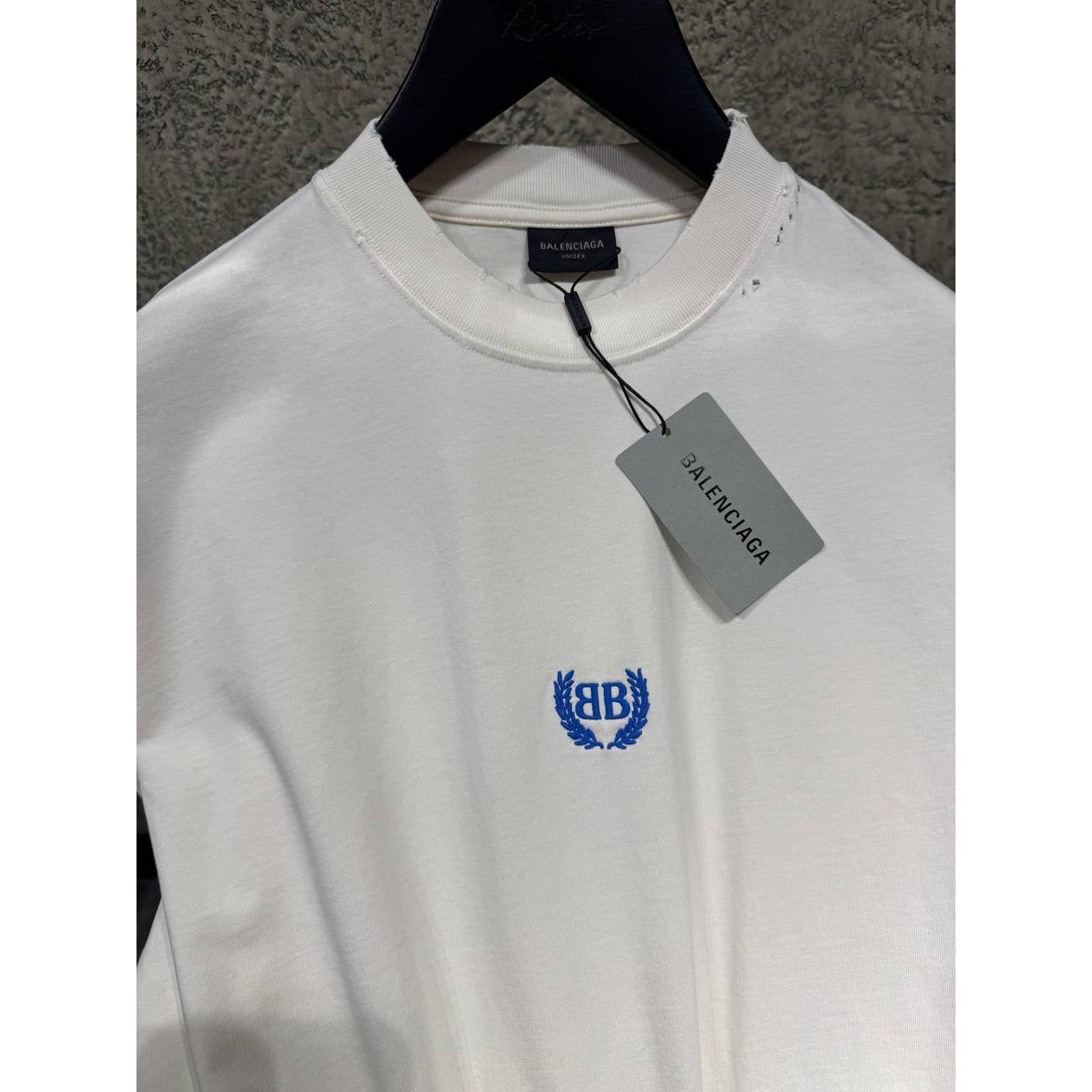 White Oversized T-Shirt with Small  Blue Logo