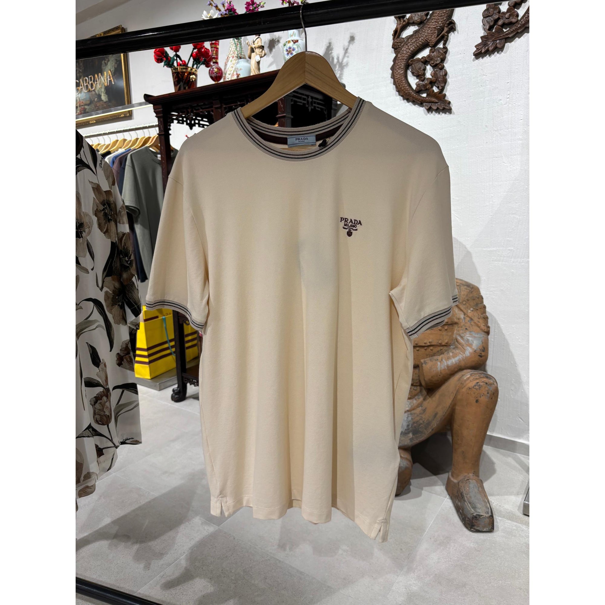 Cream Cotton T-shirt with Embroidered Logo