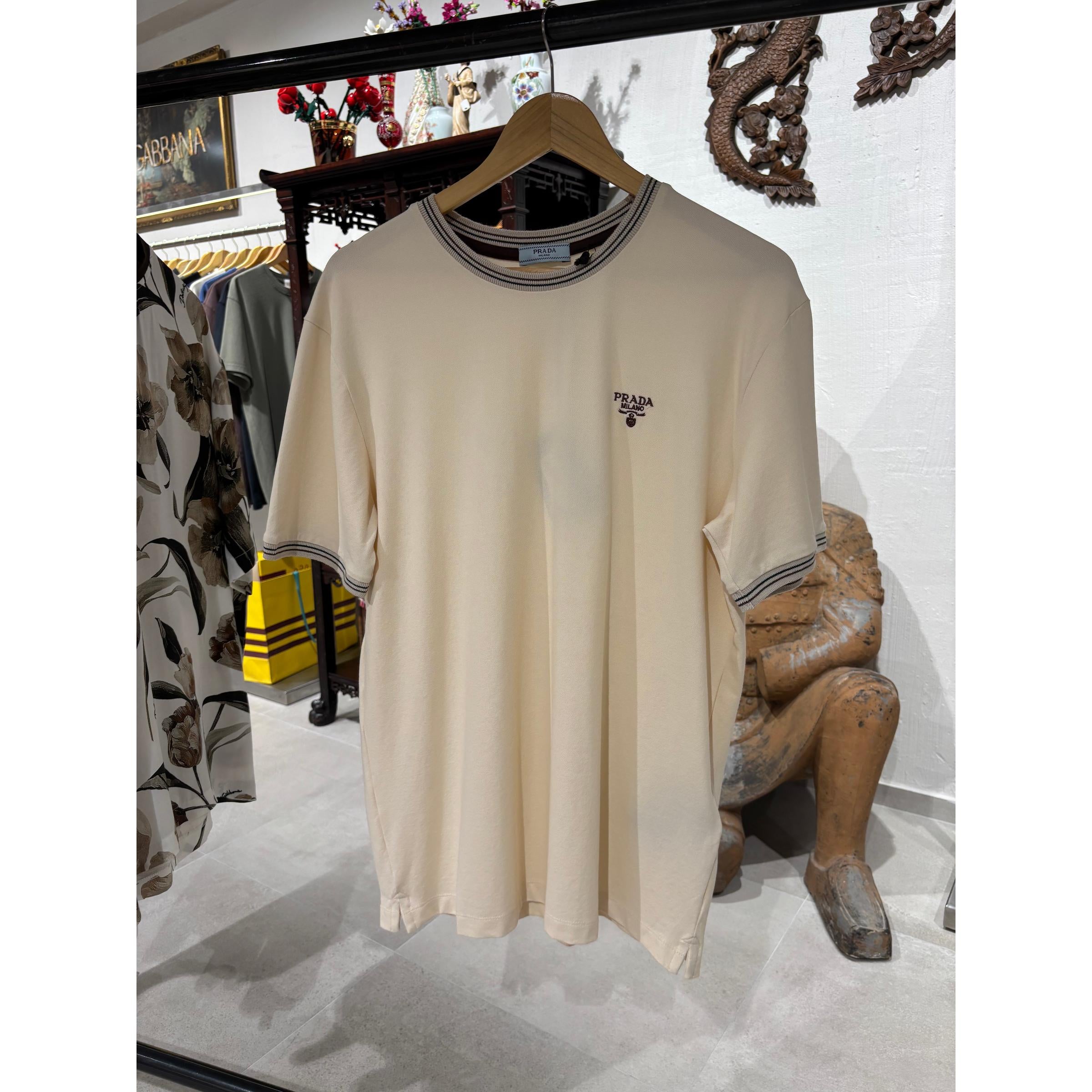 Cream Cotton T-shirt with Embroidered Logo