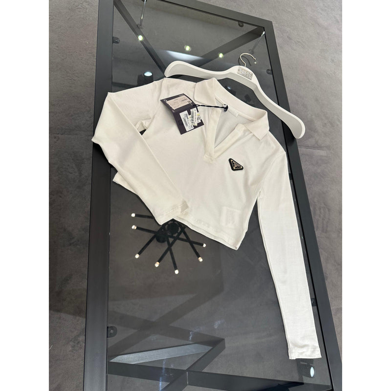 White Cotton Women Long Sleeve Crop